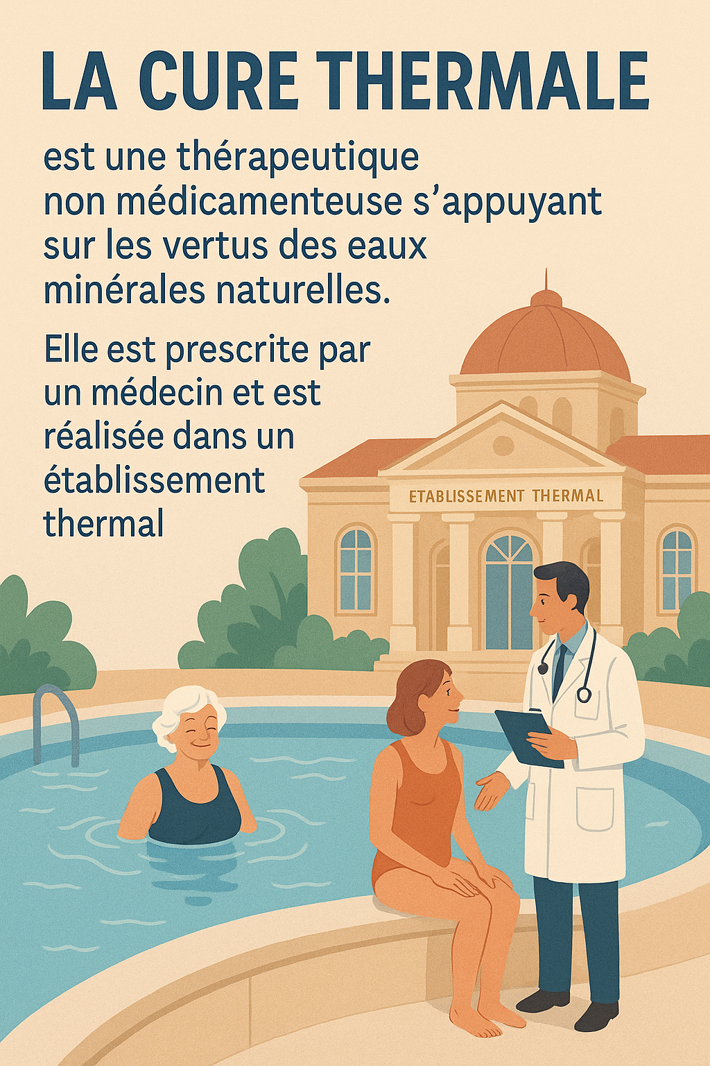 La cure thermale est une thérapeutique non médicamenteuse s’appuyant sur les vertus des eaux minérales naturelles. Elle est prescrite par un médecin et est réalisée dans un établissement thermal.